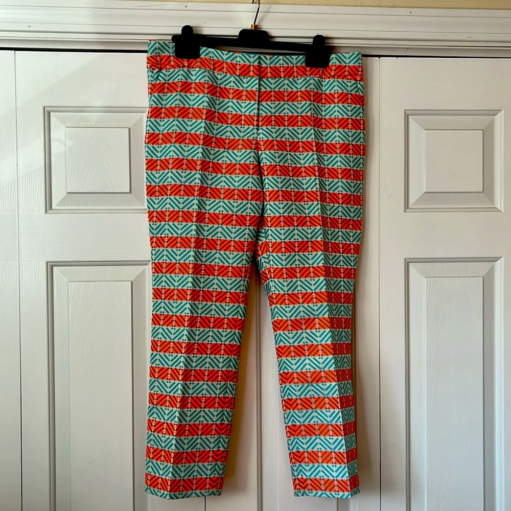 J. Crew Collection Jacquard Orange Blue Tweed Ankle Pants, Size 10